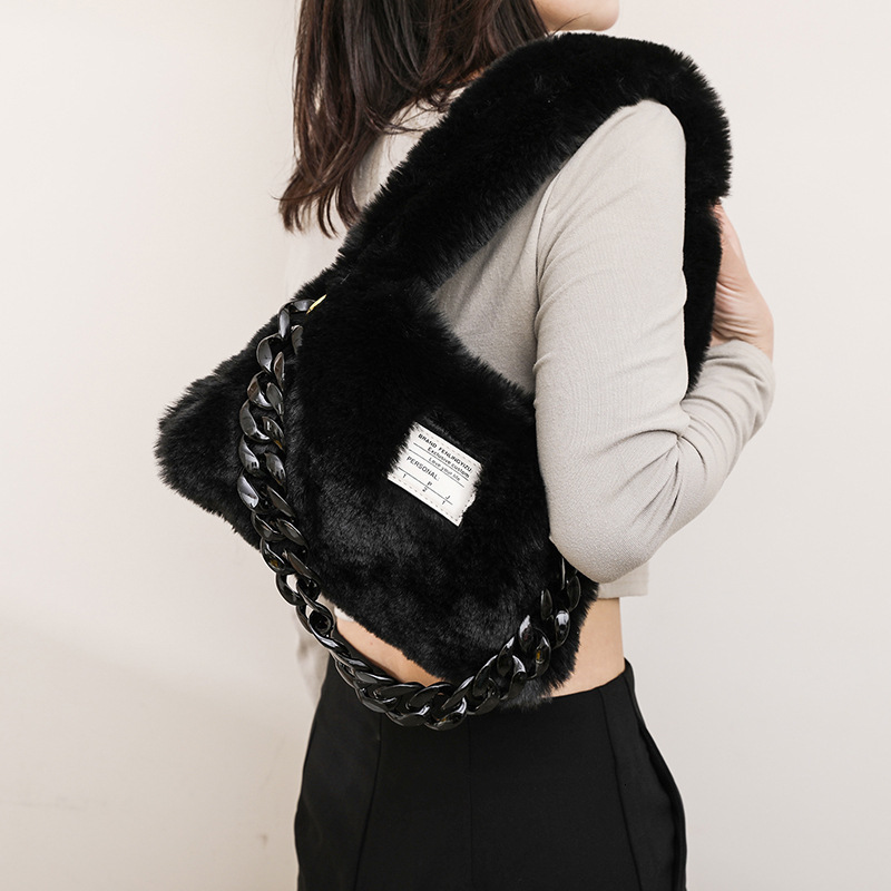 Evening Bags Fashion ladies one-shoulder tote bag retro plush solid color casual messenger bag travel street acrylic chain decoration handbag 230826