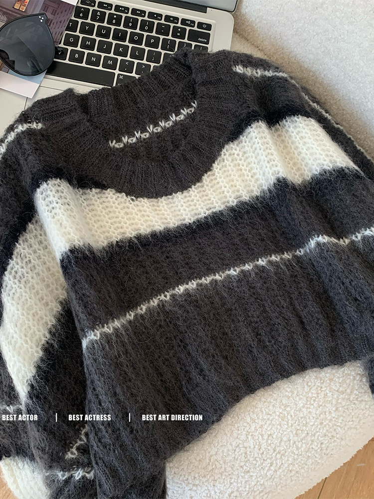 Women's Sweaters Y2K Cropped Black Sweater Korean Style Women Striped Jumper Vintage Female Autumn Long Sleeve Crewneck Pullovers Tops 230827