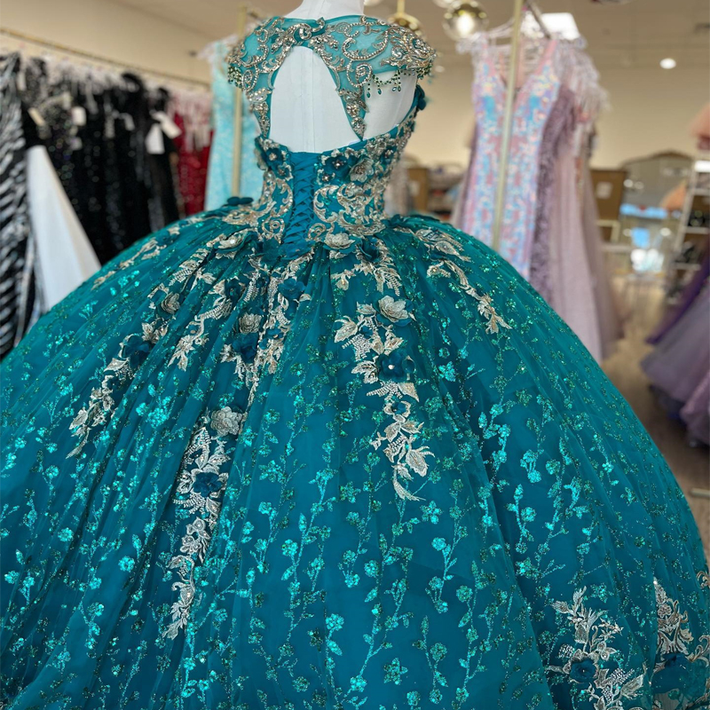 Emerald Green Sequins Ball Gown Quinceanera Dress Tulle Gold Appliques Flowers Sleeveless Sweet 15 16 Birthday Party Formal vestidos de 15