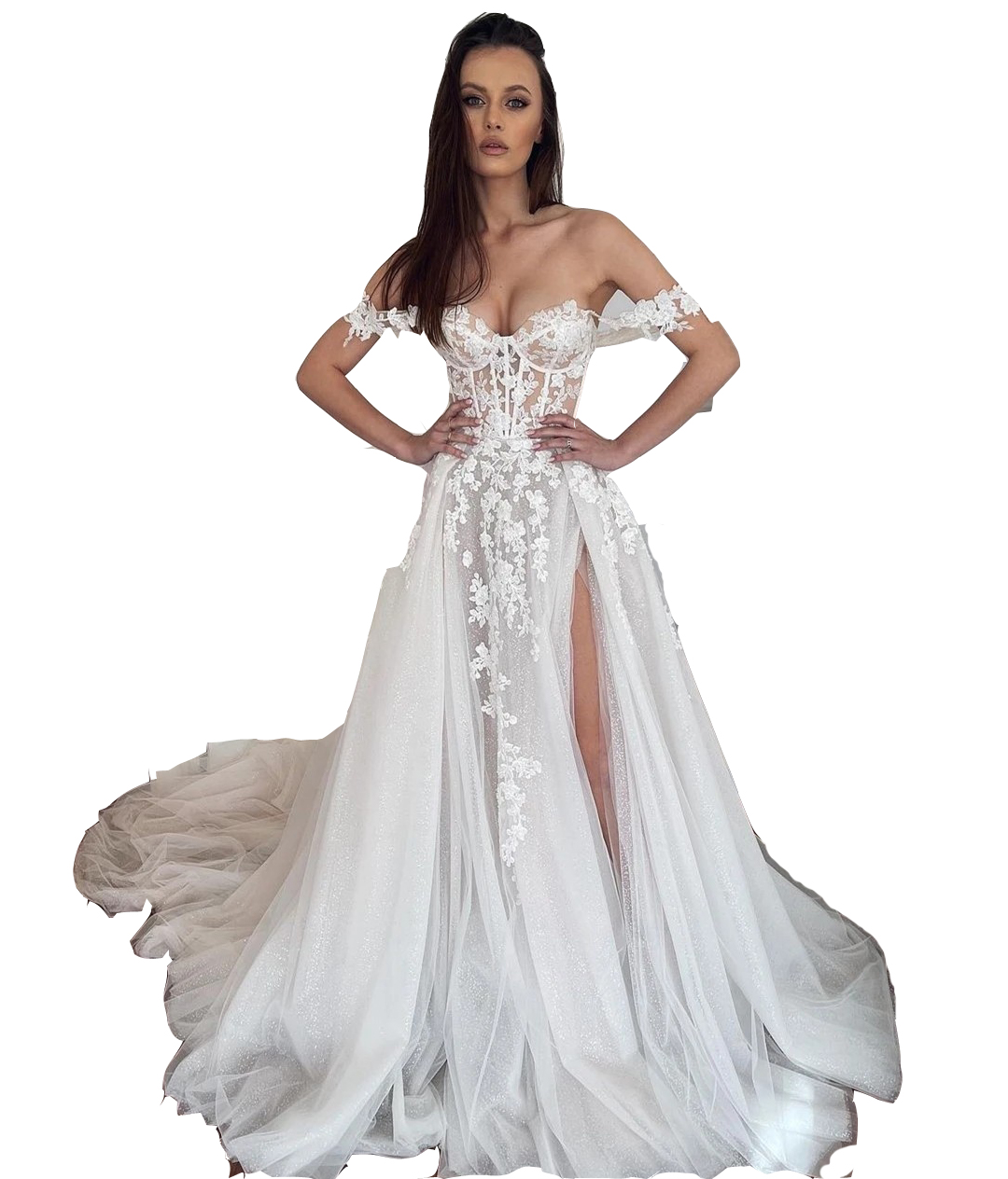 2023 Sexy Bobemian A Line Wedding Dresses Off Shoulder Appliques Lace Tulle Short Sleeves Sheer Top Mermaid Bridal Gowns High Side Split Overskirts