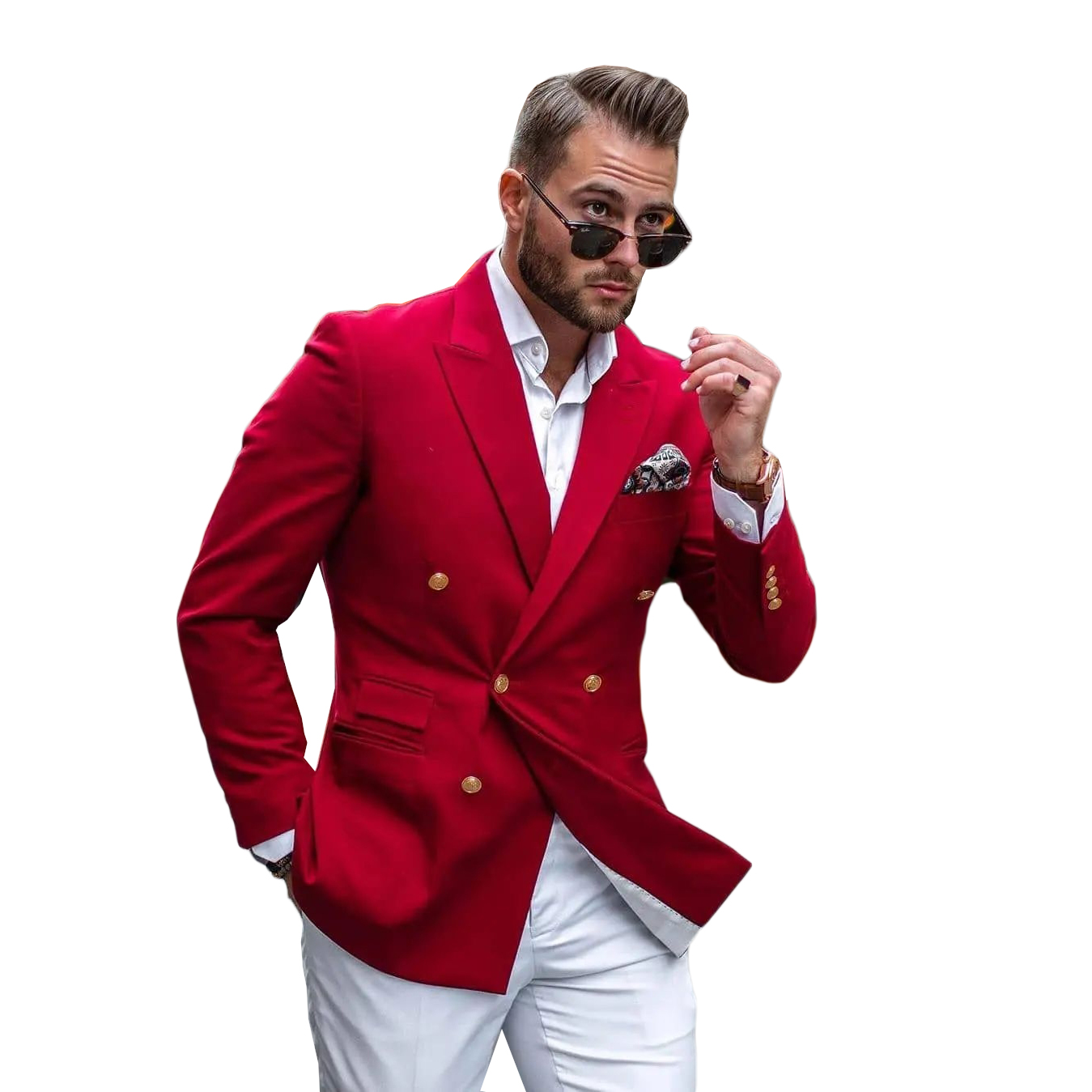 Red Wedding Tuxedos Suits 2 Pieces Peaked Lapel Double Breasted Pockets Customize Coat White Pants Fashion Formal Prom Occasions Tailored Exquisite