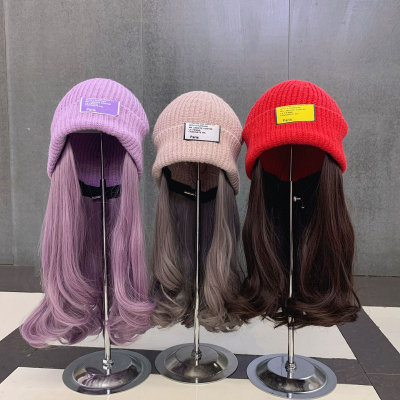 Beanie/Skull Caps Trend Long Curly Wig Hats Knitted Wig Hats Women Casual Knitted Hat Invisible Detachable Wig Cold Beanies Winter Warm Bonnets 230826