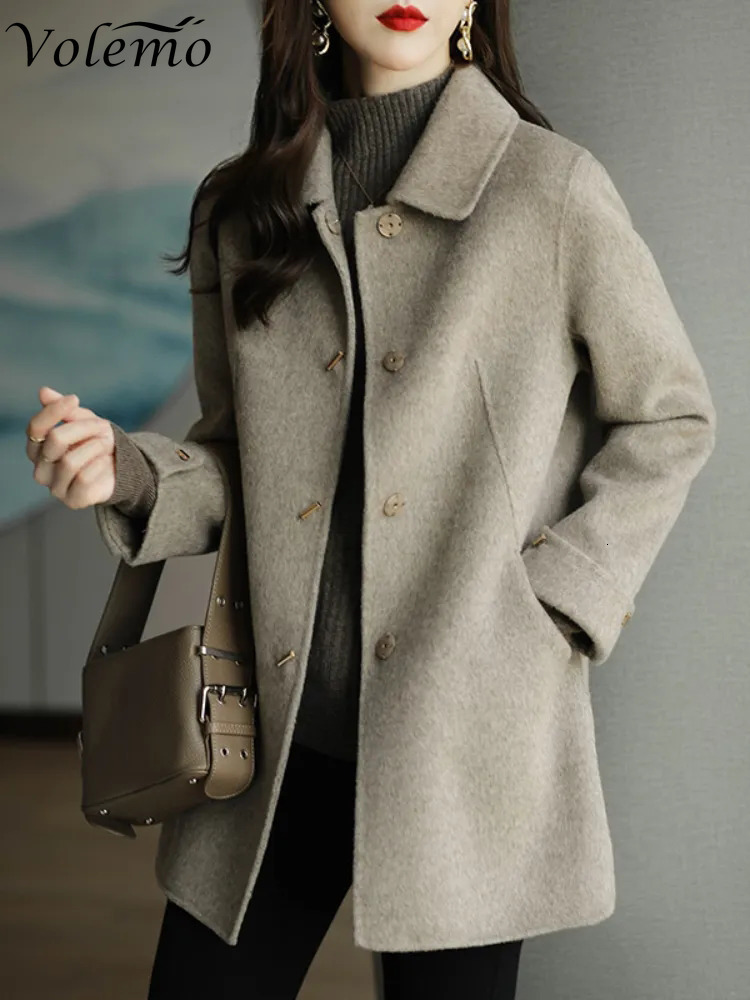 Women's Wool Blends Woolen Coat Slim Fashion Office Lady Square Collar Single Breasted Winter Coats for Women Wide-waisted Pocket Black Coat 2308