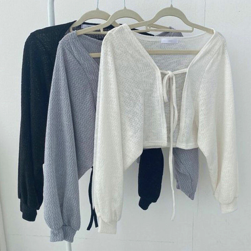 Womens Knits Tees White Knitted Cardigan Women Spring Summer Thin Sunscreen LaceUp Knitwear Tops Female Korean Style Lantern Sleeve Short Shirt 230826