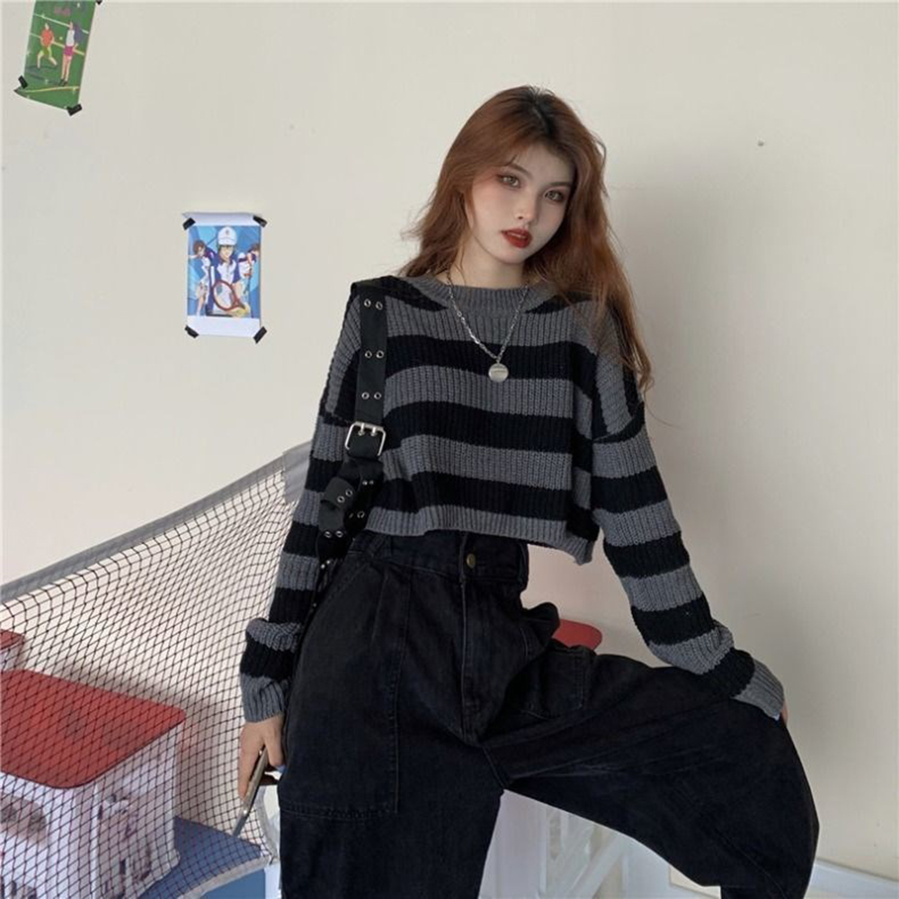 Women's Sweaters Fashion Cropped Sweater Sexy Tops Women Black White Striped Pullover Knitted Sweater Women Korean Jumper Y2K Wholesale Goth 2308