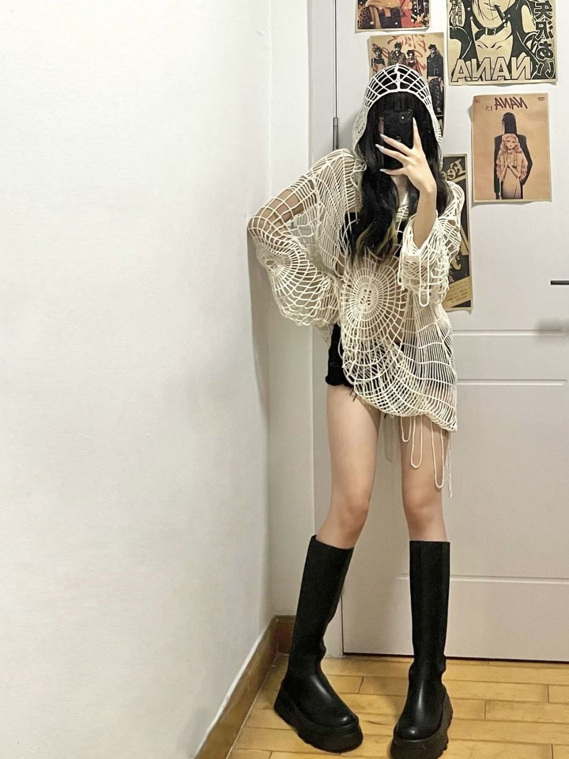 Women's Sweaters Hollow Knit Hooded Top Y2k Clothes Spider Web Spice Girl Mesh Pullovers Thin Women Korean Fashion Fishing Net Sweaters Gothic 23