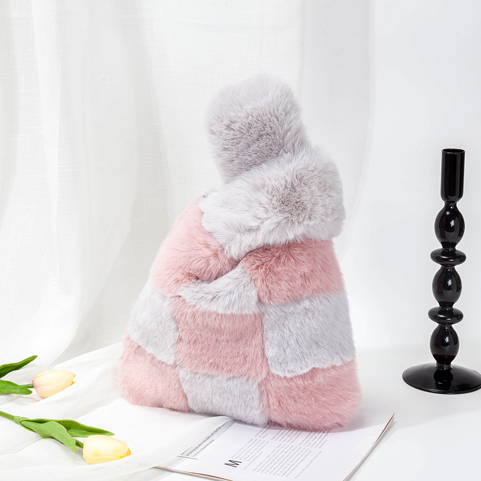 Evening Bags Fashion Soft Plaid Faux Fur Bag Winter Korean Elegant Retro Patchwork Plush Purses Female High Quality Handbag Casual 230826