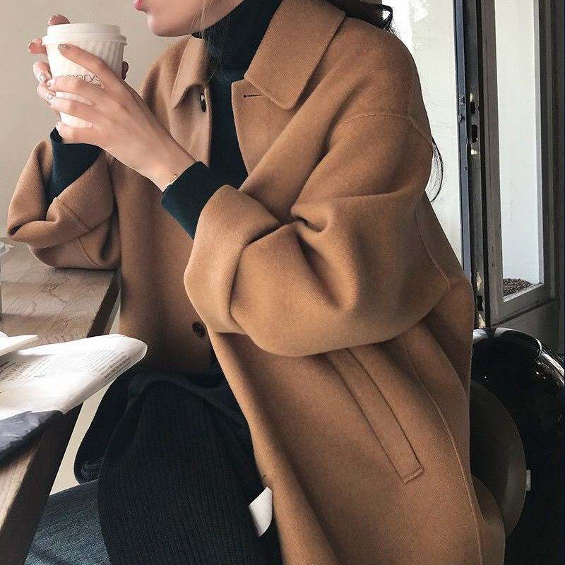 Women's Wool Blends Spring Autumn woolen Single-breasted coat female Mid-Long Korean temperament women Outerwear woolen coat Streetwear 230827