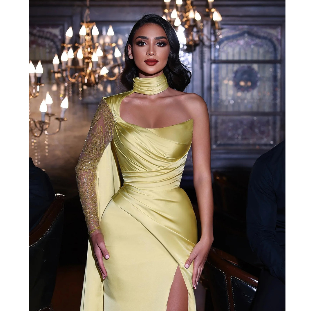 Elegant Mermaid Evening Dresses Satin Sequins High Neck One Shoulder Long Sleeve Party Prom Split Pleats Dress for Special Ocn