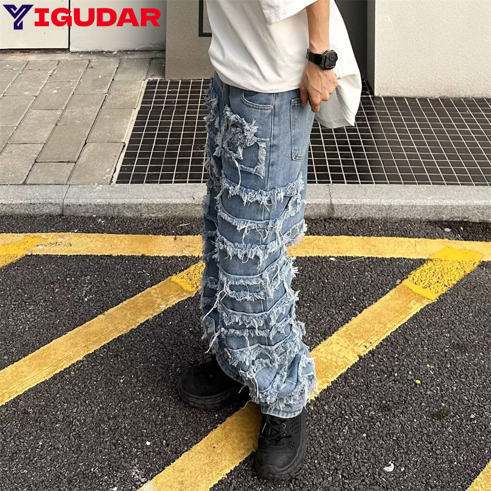 Men's Jeans Men Straight Jeans Trousers Fashion Vintage Frayed Patchwork Color Block Denim Pants Men Casual Trousers Ripped Bottoms 230827