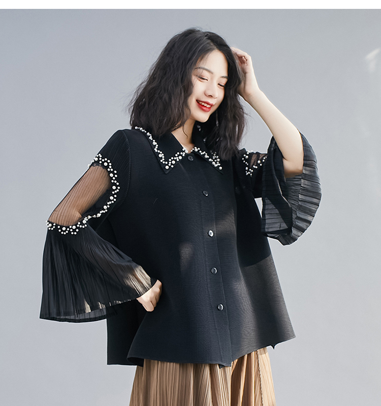 Sexy Summer Fashion Oversized Solid Color Pearls Beading Long Flare Sleeve Pleated Blouse Tops Women Loose High Stretchy Shirts