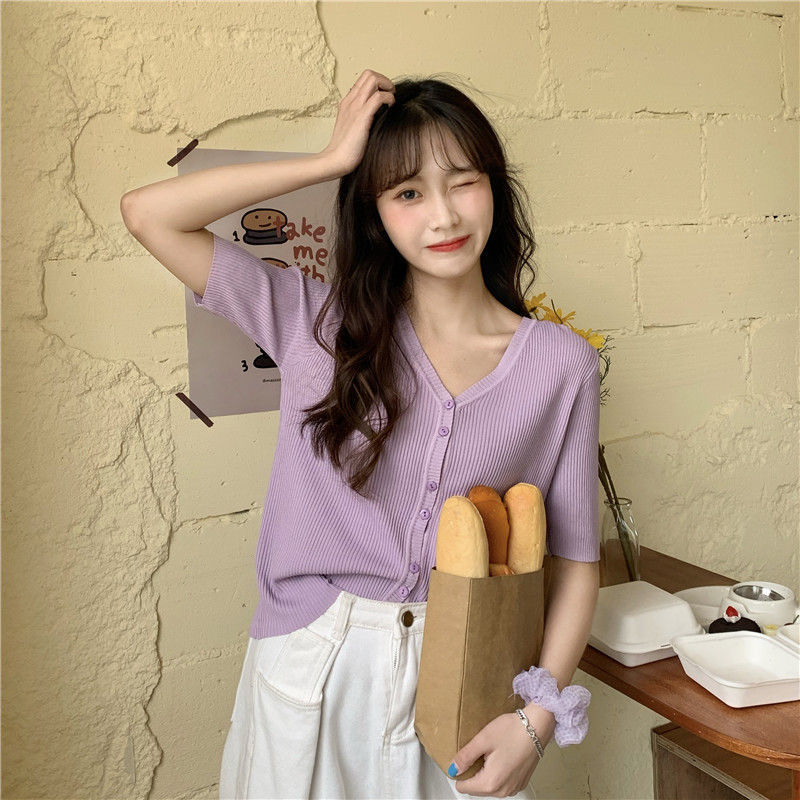 Womens Knits Tees fashion girl summer clothing knitted jacket loose short cardigan women crop tops sleeve vneck blouse 230826