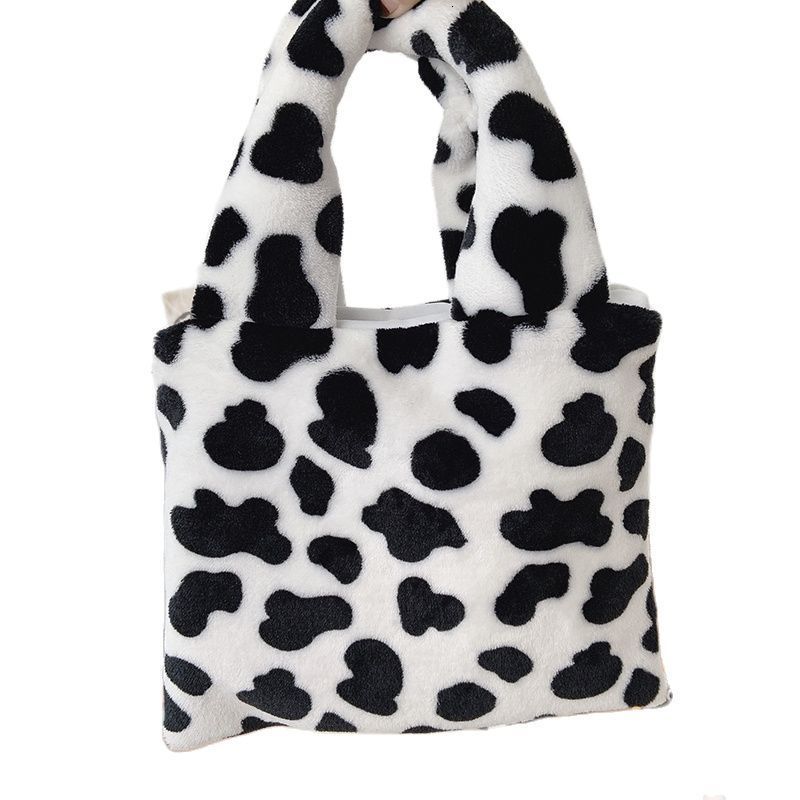 Evening Bags plush shoulder bag cute winter cartoon handbags milk cow pattern hand bag women solid color ladies bag tote size 20*26cm 230826