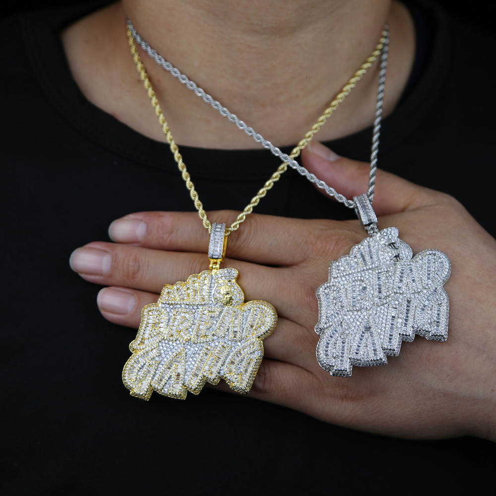 Pendant Necklaces Iced Out Bling CZ Letter BREAD GANG Pendant Necklace Cubic Zirconia Gold Silver Color Money Bag Charm Men Women Hip Hop Jewelry 2308