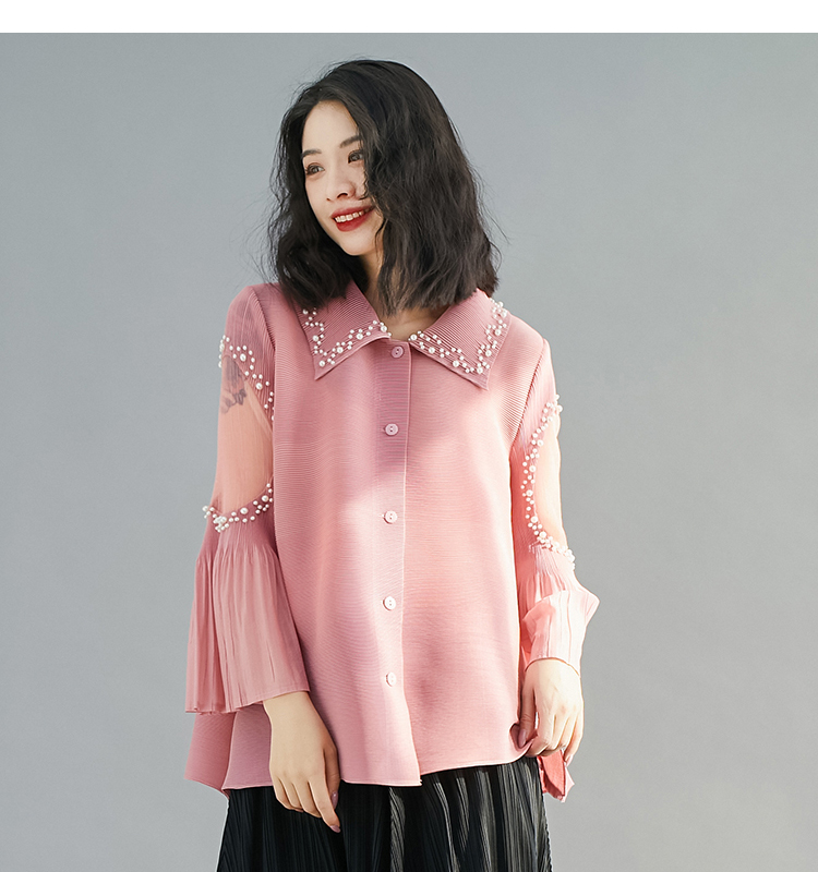 Sexy Summer Fashion Oversized Solid Color Pearls Beading Long Flare Sleeve Pleated Blouse Tops Women Loose High Stretchy Shirts