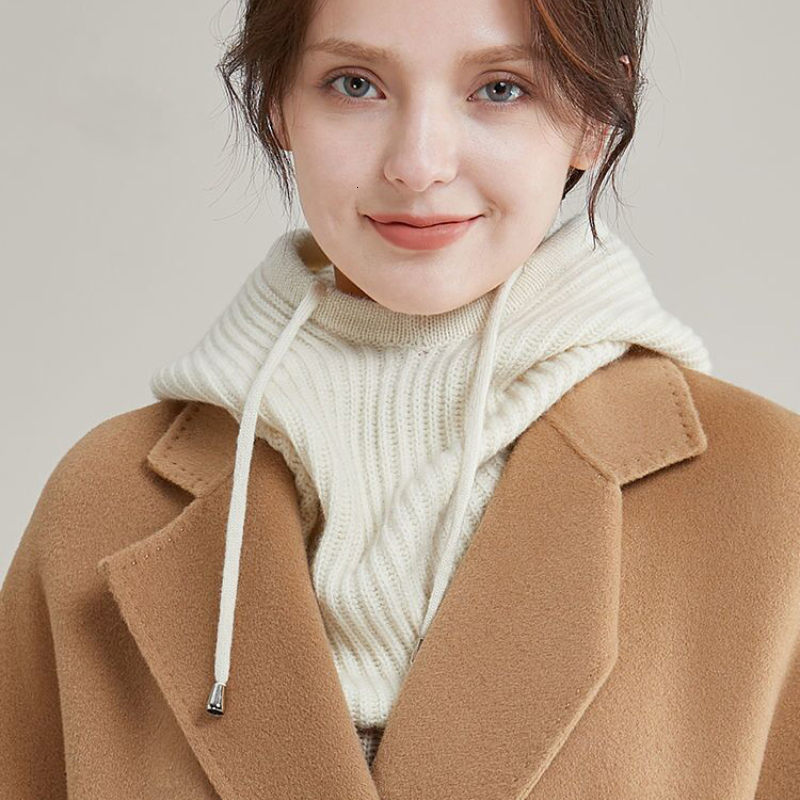 Scarves Unisex Knitted Head Hood Faux Cashmere Hooded Neck Collar Cap Head Drawstring Thick Beanie Men Women Adjustable Elastic Hat 230826