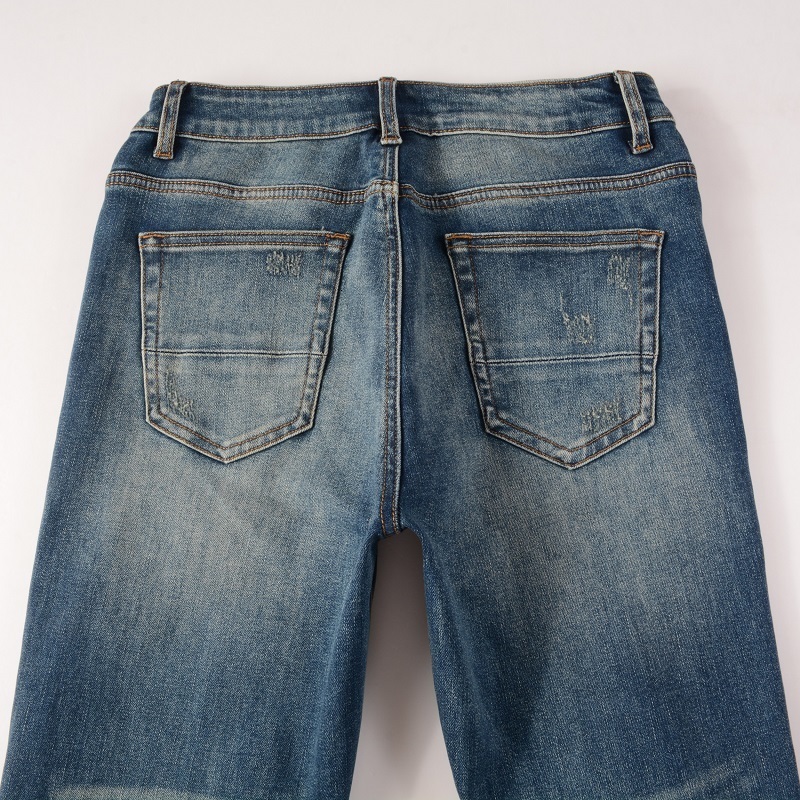 Men's Jeans Men's Blue Distressed Moustache EU Drip Ribs Patches Jeans Italian Drip Damaged Holes Slim Fit Stretch Ripped Jeans 230827
