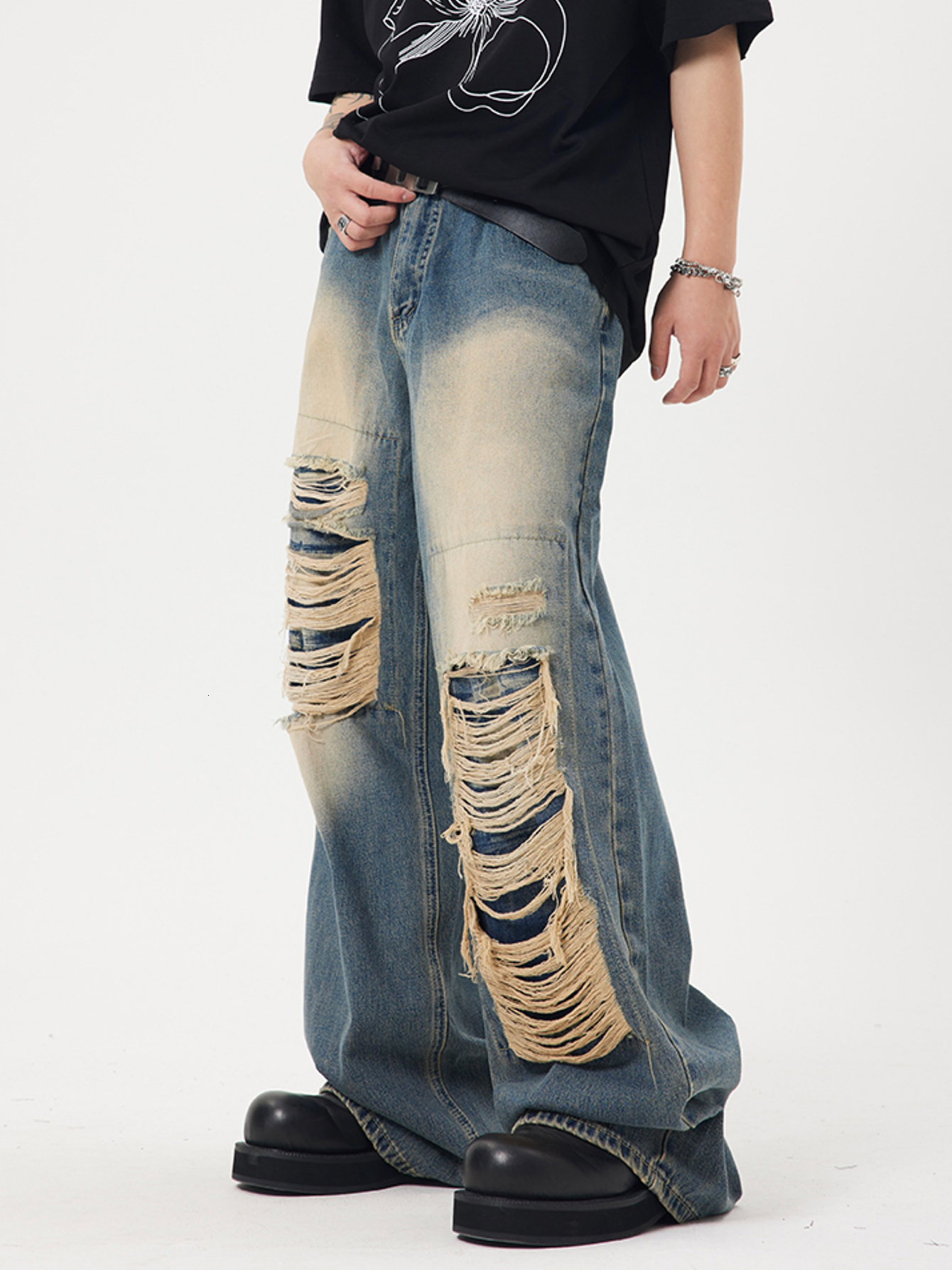 Men's Jeans REDDACHiC Retro Y2k Men Baggy Jeans Big Size Ripped Holes Wide Leg Denim Pants Bleached Casual Loose Trousers Hip-hop Streetwear 2308