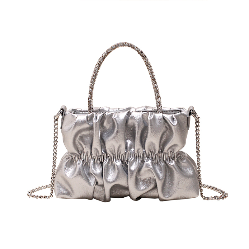 Evening Bags Korean Fashion Pleated Chain Silver Quilted Women Underarm Shoulder Side Bag Crossbody Bag Handbag Y2K with Mental Handle 230826