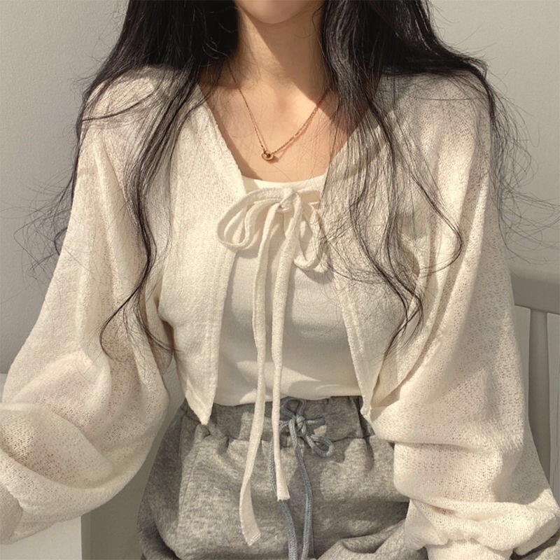 Womens Knits Tees White Knitted Cardigan Women Spring Summer Thin Sunscreen LaceUp Knitwear Tops Female Korean Style Lantern Sleeve Short Shirt 230826