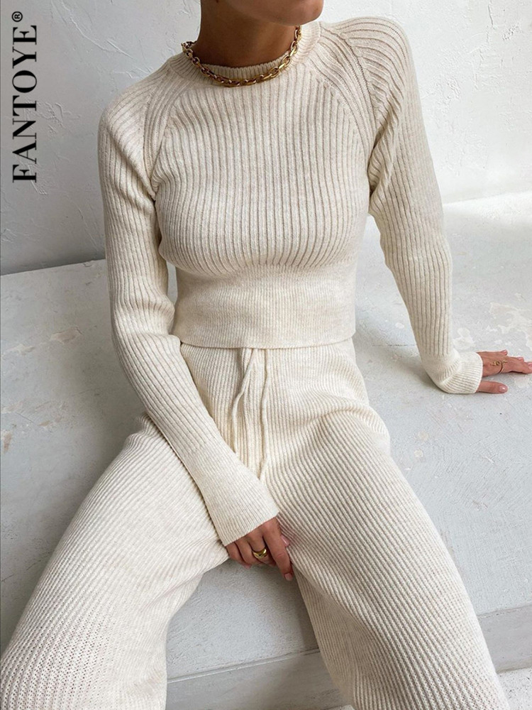 Women's Two Piece Pants FANTOYE O Neck Ribbed Knitted Two Pieces Women Sets Autumn Casual Long Sleeve Tshirt And Wide Leg Pant Suit Solid Fitness