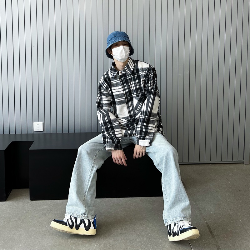 Clothing Men Women Printed Outerwear Cotton Coat Long Sleeve Loose Plaid Stripes Half Zipper Jacket Man