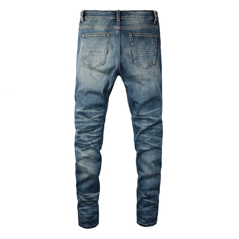 Men's Jeans Men's Blue Distressed Moustache EU Drip Ribs Patches Jeans Italian Drip Damaged Holes Slim Fit Stretch Ripped Jeans 230827
