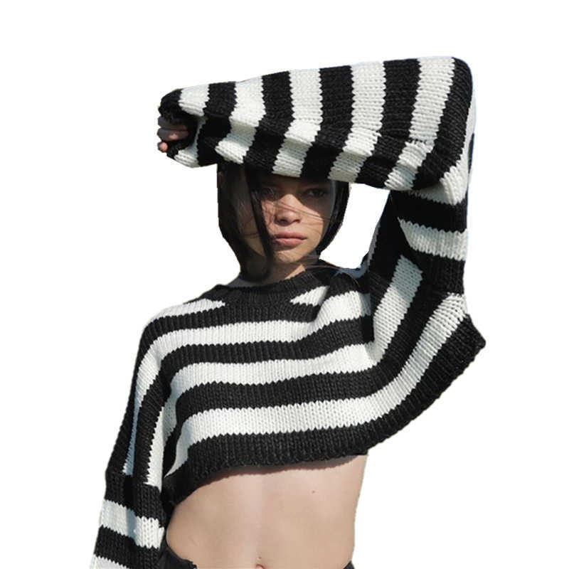 24ss New Womens Sweater Womens Autumn Winter Stripe Short Loose Lazy Style Knitted Sweater
