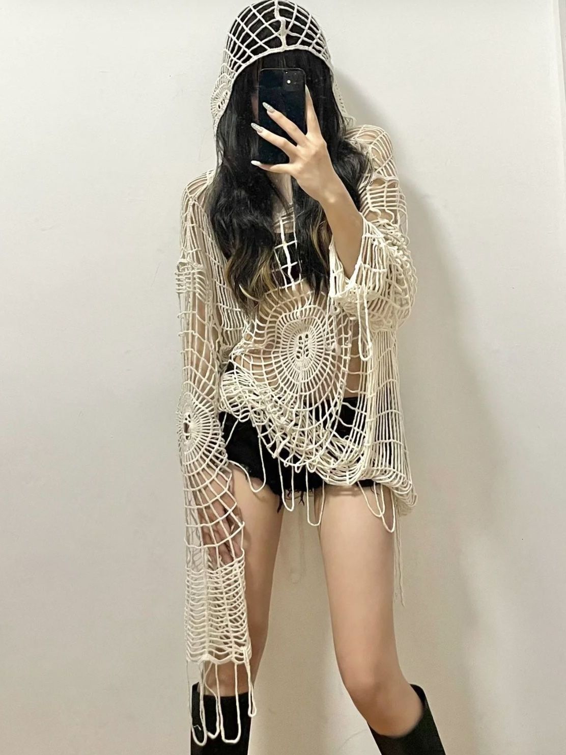 Women's Sweaters Hollow Knit Hooded Top Y2k Clothes Spider Web Spice Girl Mesh Pullovers Thin Women Korean Fashion Fishing Net Sweaters Gothic 23