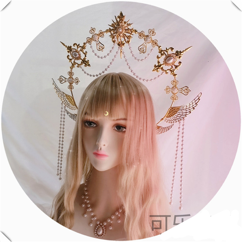 Headbands Lolita Headband Golden Mary Apollo Sun Halo Goddess Crown Party Church Headwear Halloween Costume Exaggerated Headpiece 230826