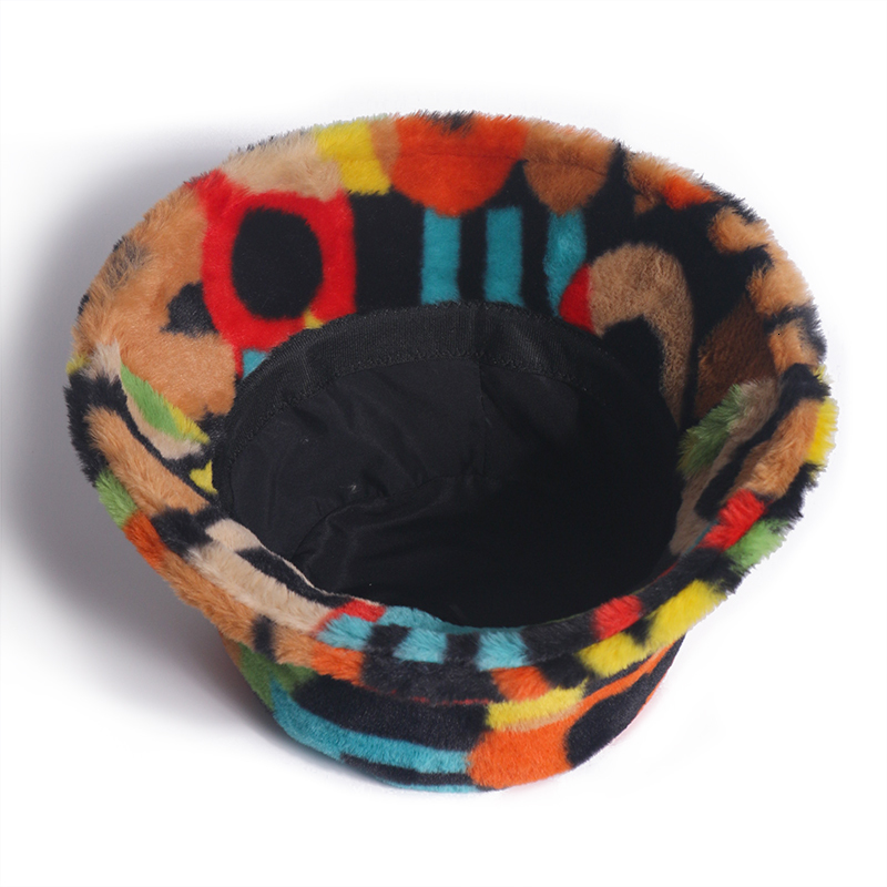 Wide Brim Hats Bucket Hats FOXMOTHER Outdoor Multicolor Rainbow Faux Fur Letter Pattern Bucket Hats Women Winter Soft Warm Gorros Mujer 230826