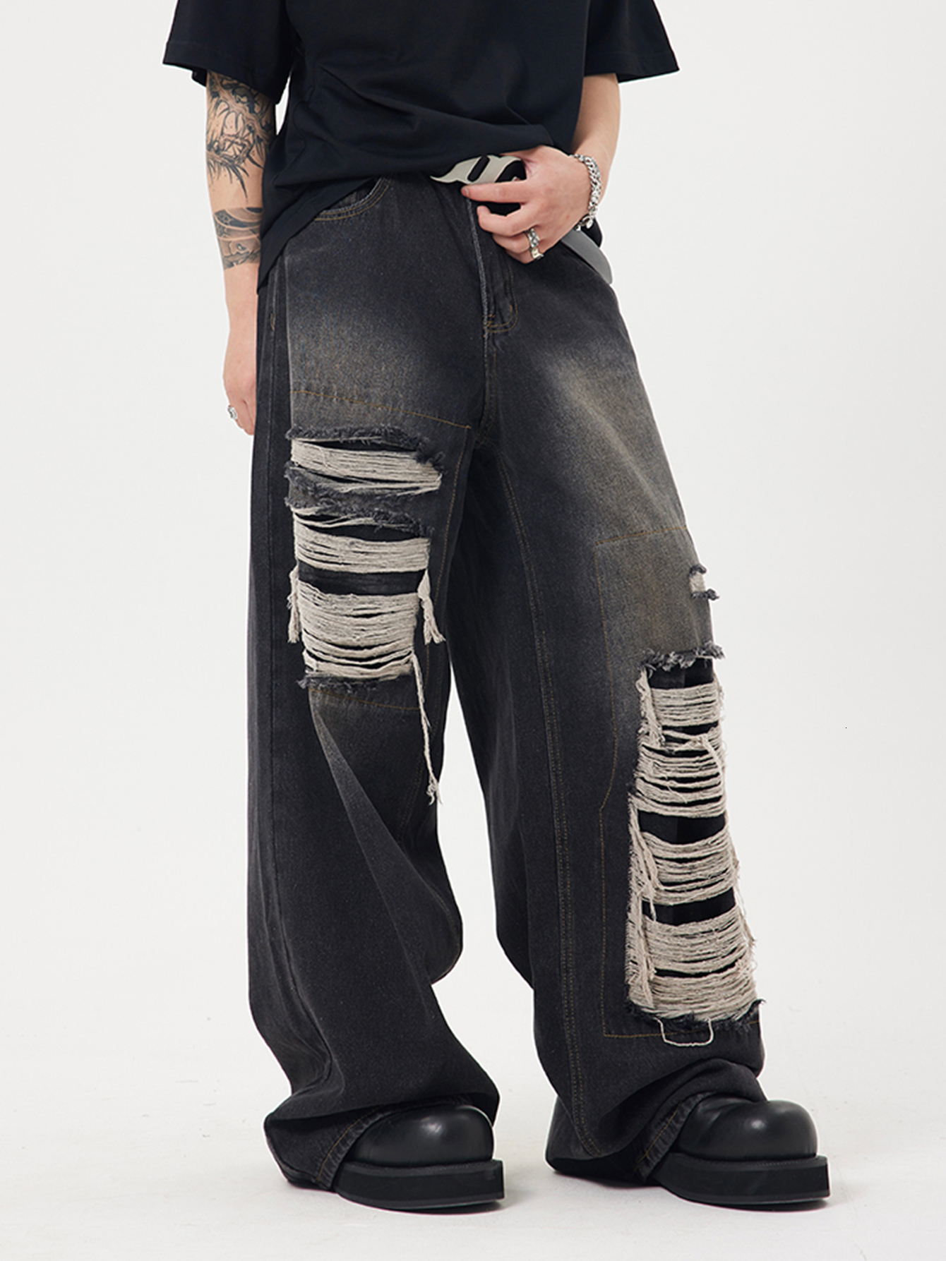 Men's Jeans REDDACHiC Retro Y2k Men Baggy Jeans Big Size Ripped Holes Wide Leg Denim Pants Bleached Casual Loose Trousers Hip-hop Streetwear 2308