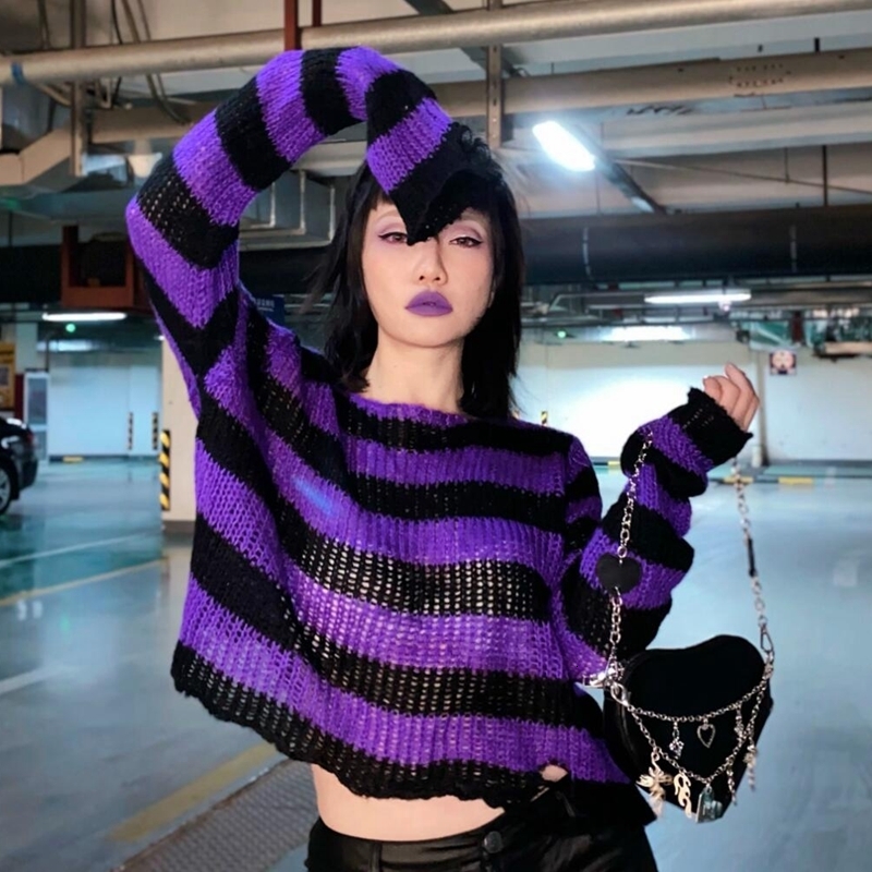 Women's Sweaters Lairauiy Women Y2K E-girl Goth Hole Striped Knitted Pullovers Long Sleeve Ripped Sweater Jumpers Punk Style Kawaii Harajuku 2308