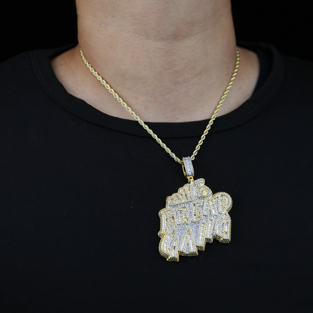 Pendant Necklaces Iced Out Bling CZ Letter BREAD GANG Pendant Necklace Cubic Zirconia Gold Silver Color Money Bag Charm Men Women Hip Hop Jewelry 2308