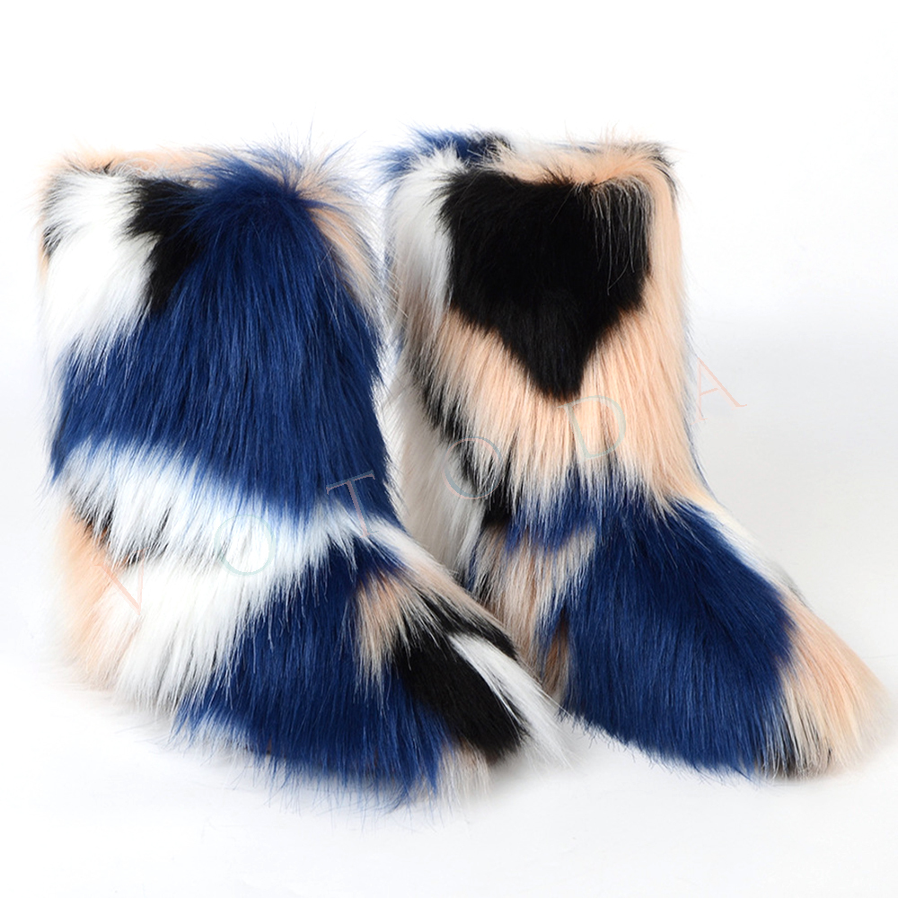 Boots Winter Women Fur Boots Woman Fluffy Furry Faux Fur Snow Boots Female Plush Outside Flat Shoe Ladies Warm Slip On Ankle Boots 230826