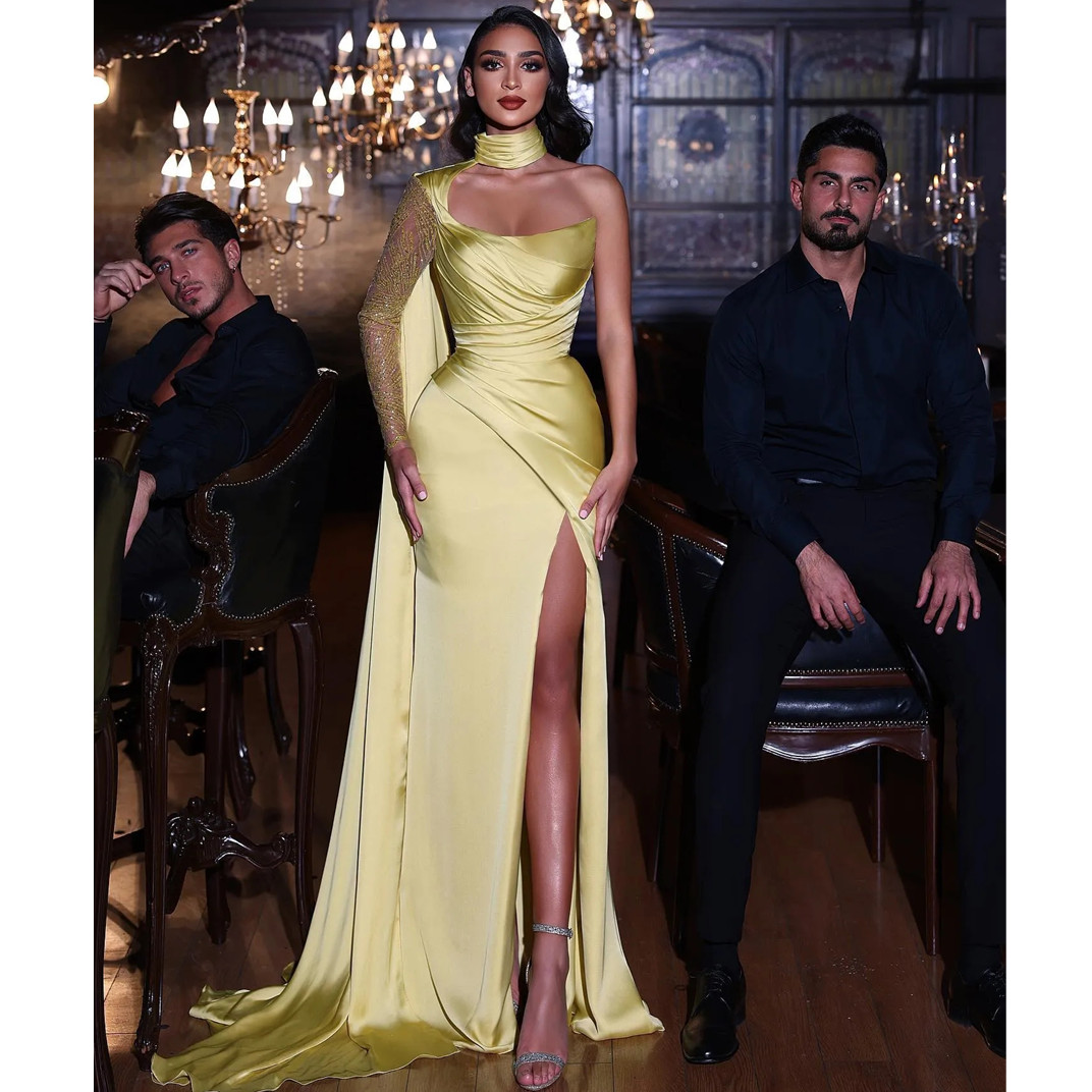 Elegant Mermaid Evening Dresses Satin Sequins High Neck One Shoulder Long Sleeve Party Prom Split Pleats Dress for Special Ocn