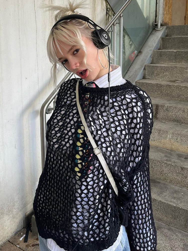 Women's Sweaters Weekeep y2k Crochet Sweater Hollow Out Loose Smock Grunge Fishnet Distressed Pullovers Oversized Knit Jumper Harajuku Streetwear