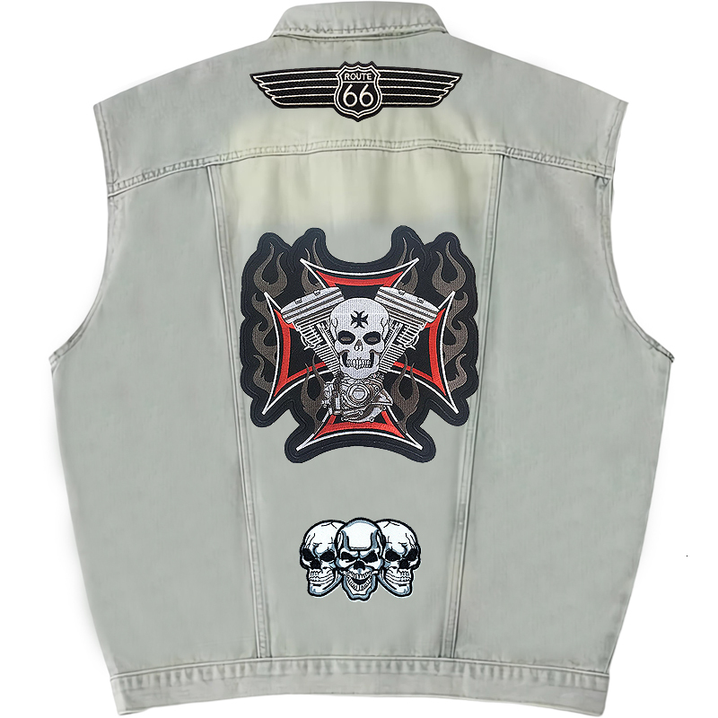 Men's Vests Short Loose Men Denim Vest Motorcycle Waistcoat Embroidery Patches Sleeveless Cowboy Jacket Club Riding Punk Veste 230826