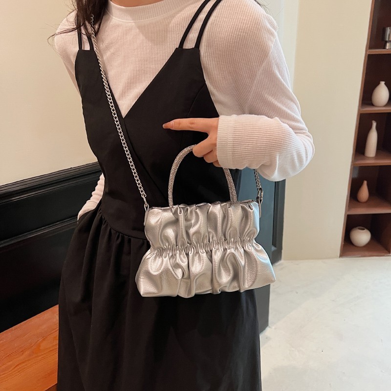 Evening Bags Korean Fashion Pleated Chain Silver Quilted Women Underarm Shoulder Side Bag Crossbody Bag Handbag Y2K with Mental Handle 230826