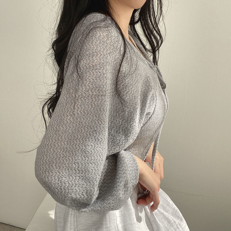 Womens Knits Tees White Knitted Cardigan Women Spring Summer Thin Sunscreen LaceUp Knitwear Tops Female Korean Style Lantern Sleeve Short Shirt 230826
