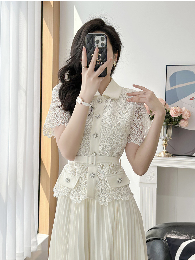 Autumn Two Piece Dress High Quality Summer Runway Fashion Women 2 Piece Sets Embroidery Lace Hollow Out Blouse And Pleated Chiffon Mini Skirt With Bel
