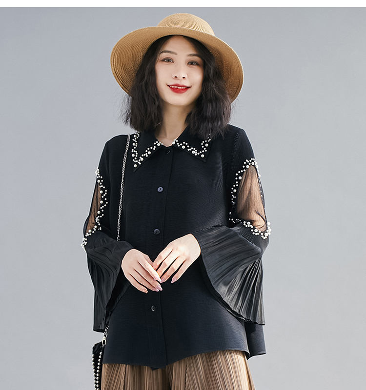 Sexy Summer Fashion Oversized Solid Color Pearls Beading Long Flare Sleeve Pleated Blouse Tops Women Loose High Stretchy Shirts