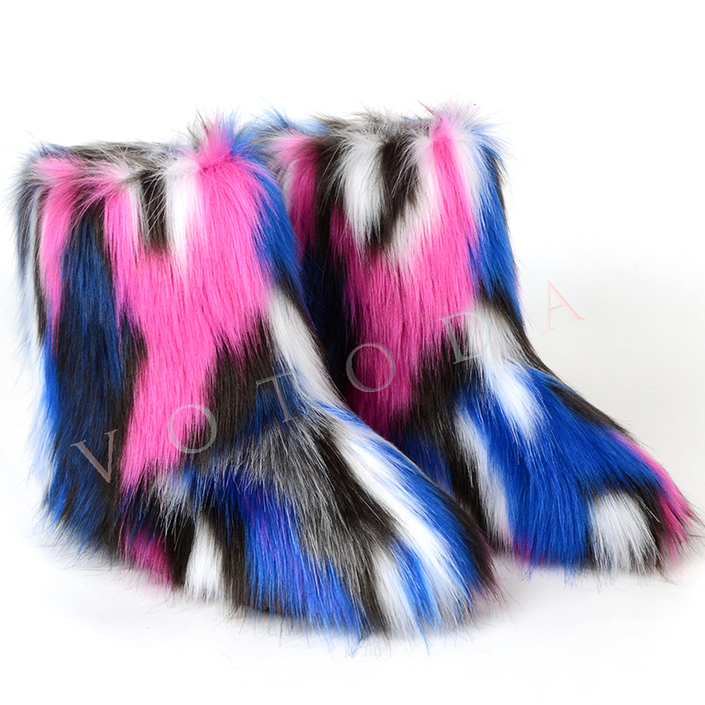 Boots Winter Women Fur Boots Woman Fluffy Furry Faux Fur Snow Boots Female Plush Outside Flat Shoe Ladies Warm Slip On Ankle Boots 230826