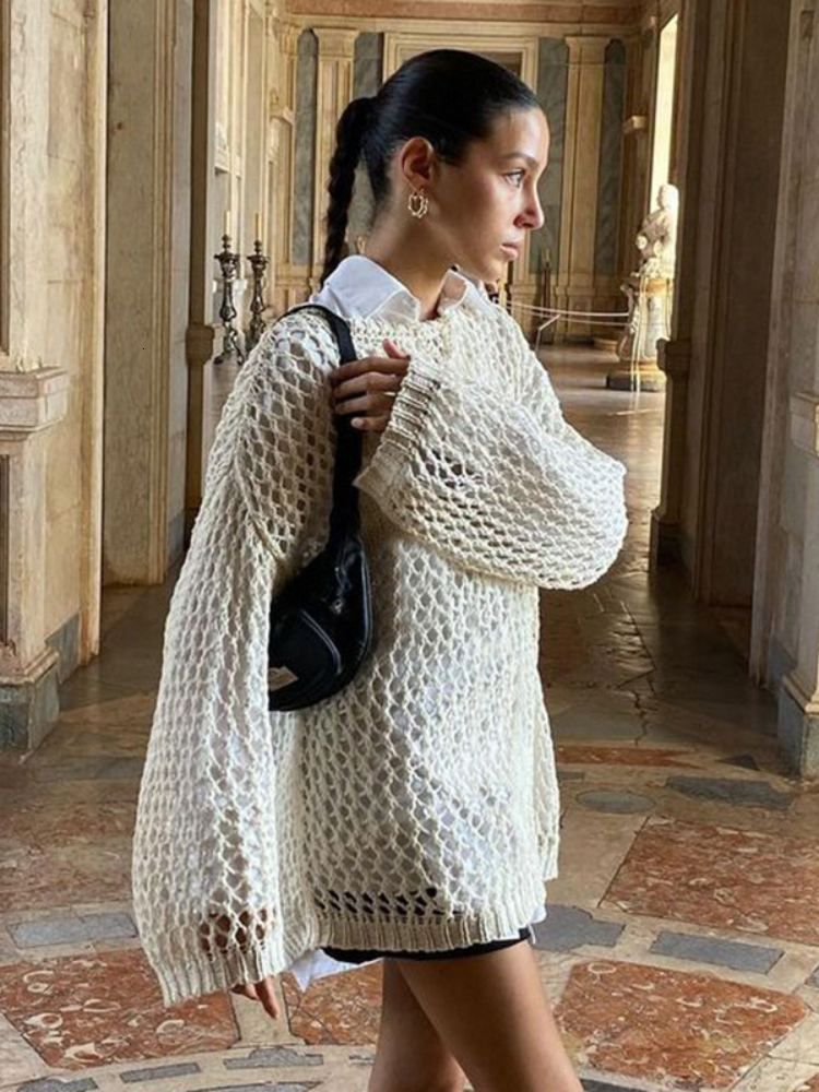 Women's Sweaters Y2K Harajuku Hollow Out Knitted Sweater For Women Autumn Vintage Long Sleeve Knitted Pullover Female Retro Smock Sweater 230827