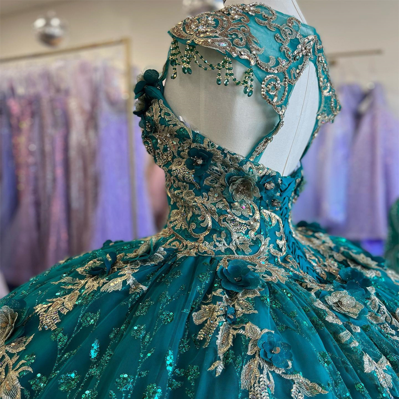 Emerald Green Sequins Ball Gown Quinceanera Dress Tulle Gold Appliques Flowers Sleeveless Sweet 15 16 Birthday Party Formal vestidos de 15