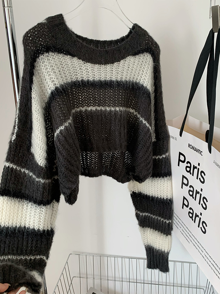 Women's Sweaters Y2K Cropped Black Sweater Korean Style Women Striped Jumper Vintage Female Autumn Long Sleeve Crewneck Pullovers Tops 230827