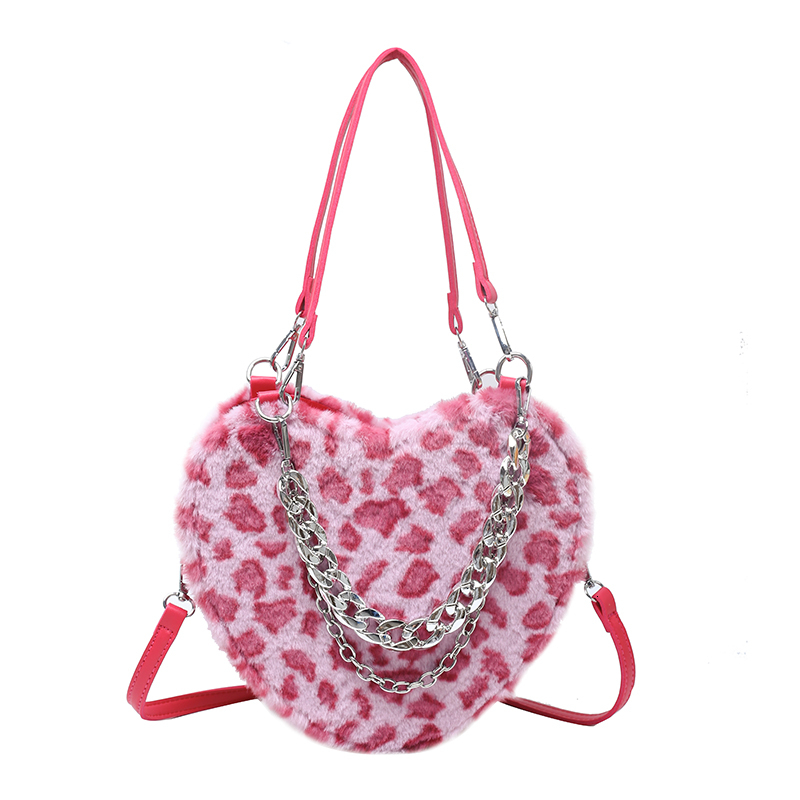 Evening Bags Winter Fashion Heart-shaped Leopard Pattern Shoulder Bag Women Pu Leather Plush Stitching Ladies Messenger Bag Chain Armpit Bag 230826