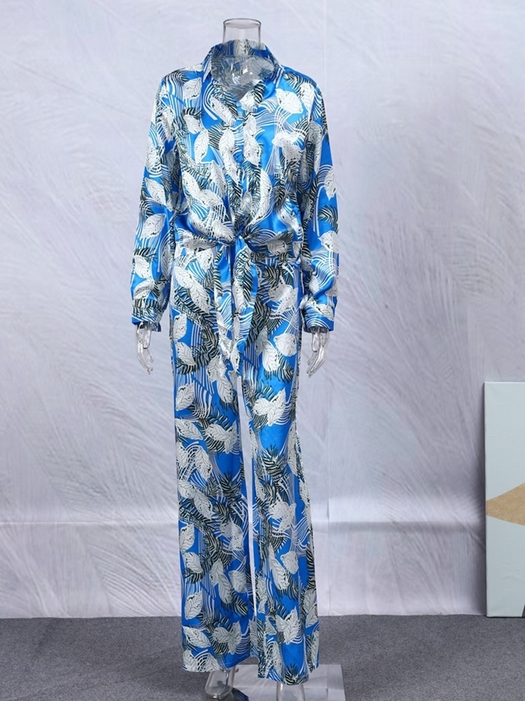 Womens Two Piece Pants Fashion Printed Set For Women Lapel Long Sleeve Laceup Shirt Top Loose Pant Suit Summer Casual Lady Outfit 230826