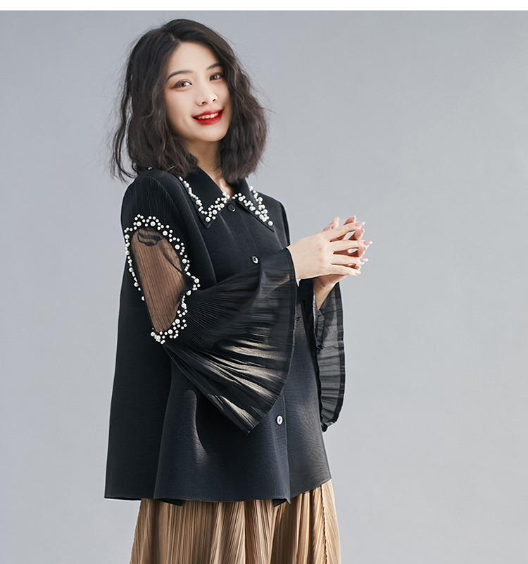 Sexy Summer Fashion Oversized Solid Color Pearls Beading Long Flare Sleeve Pleated Blouse Tops Women Loose High Stretchy Shirts