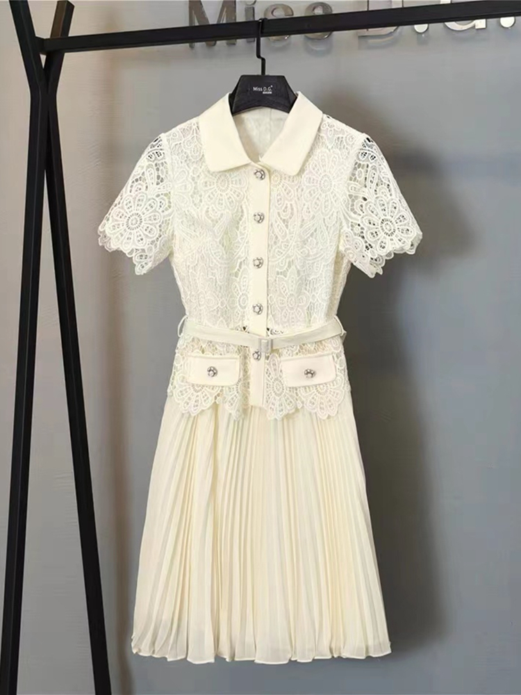 Autumn Two Piece Dress High Quality Summer Runway Fashion Women 2 Piece Sets Embroidery Lace Hollow Out Blouse And Pleated Chiffon Mini Skirt With Bel